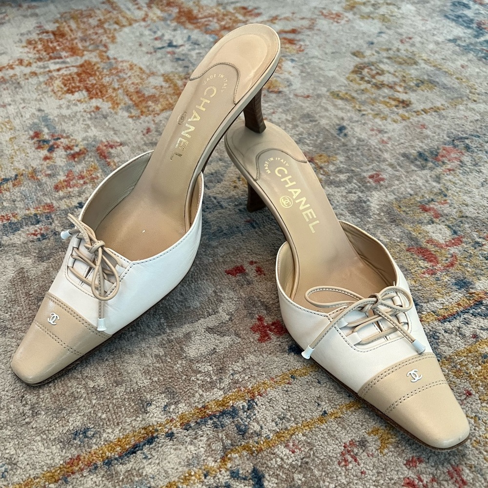 Two- Tone White and Beige Chanel Mule